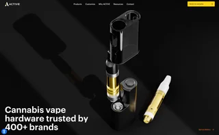 ACTIVE home page hero on a dark backdrop — an exploded view of a vape battery and cartridge beside the headline 'Cannabis vape hardware trusted by 400+ brands'
