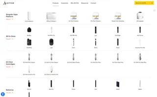 Expanded ACTIVE products navigation showing rows for Singular Vape Platform, All-In-Ones, EZ Click Cartridges, and Batteries