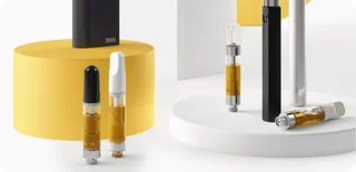 ACTIVE vape hardware product renders — cartridges and batteries staged on a light studio backdrop