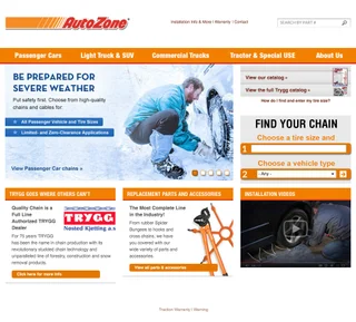 AutoZone tire chain landing page with a 'Find your chain' tool asking for a tire size and vehicle type, beside a severe-weather hero of a man fitting chains in snow