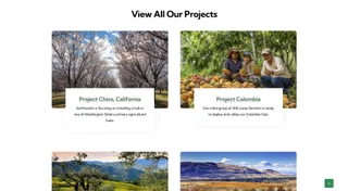 Earthworks projects grid showing cards for Project Chico, California and Project Colombia over photography of an almond orchard and cacao farmers with their harvest