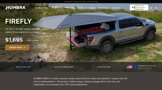 Humbra home page — a grey canopy deployed over the bed of a pickup by a lake, beside the Firefly name, coverage and setup claims, a $1,695 price, and an Order now button