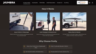 Humbra 'How it works' section — three photographed steps showing a hitch being telescoped, a canopy locked and extended, and the mast raised and rotated over a truck on a beach
