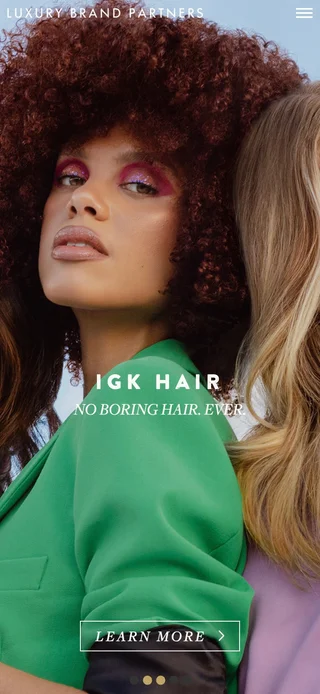 IGK Hair brand slide on mobile — 'No boring hair. Ever.' above a Learn more button, with carousel dots marking the other brands
