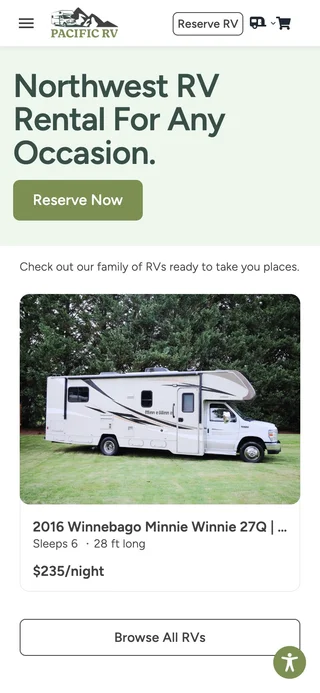Pacific RV mobile home page with the headline 'Northwest RV rental for any occasion', a Reserve now button, and a vehicle card showing sleeps, length, and nightly rate