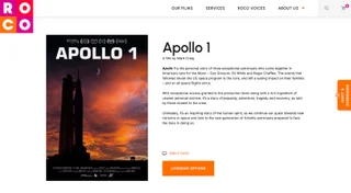 ROCO Films page for the documentary Apollo 1, showing the poster with festival laurels, director credit, synopsis, a Watch trailer link, and a Licensing options button
