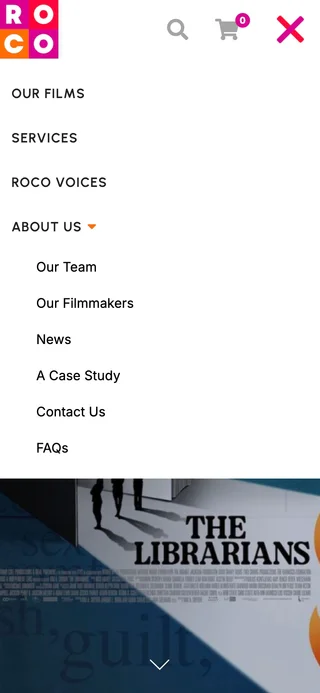 ROCO Films mobile menu showing Our Films, Services, ROCO Voices, and an expanded About Us section listing Our Team, Our Filmmakers, News, A Case Study, Contact Us, and FAQs