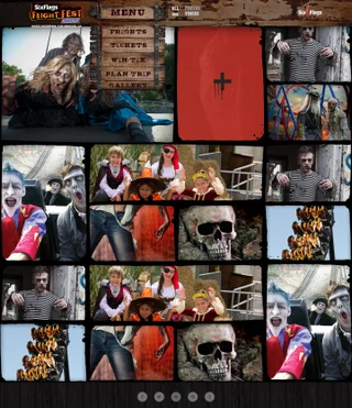 Fright Fest gallery — a torn-edged masonry grid of scare-actor photography and ride shots with All, Photos, and Videos filters