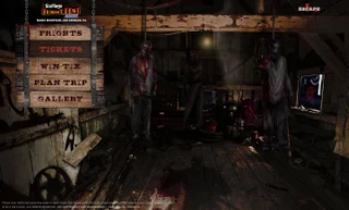 Fright Fest home page for Magic Mountain — a derelict cabin interior with hanging figures behind a timber-plank navigation reading Frights, Tickets, Win Tix, Plan Trip, Gallery