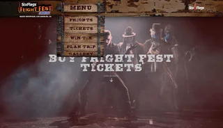 Fright Fest ticket page hero with costumed performers in fog behind the words 'Buy Fright Fest tickets' and a click-or-scroll prompt