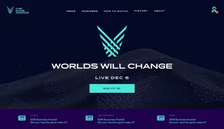 The Game Awards home page — the teal blade logo over a dark terrain landscape with the headline 'Worlds Will Change' and 'Live Dec 6'